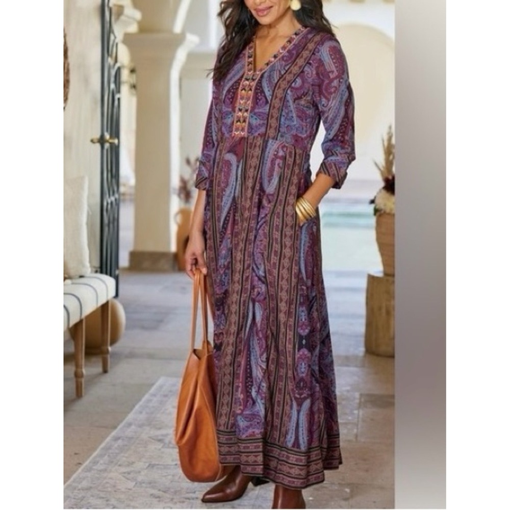 Soft Surroundings Mira Dress Purple Paisley Embroidered Maxi Dress 1X Boho